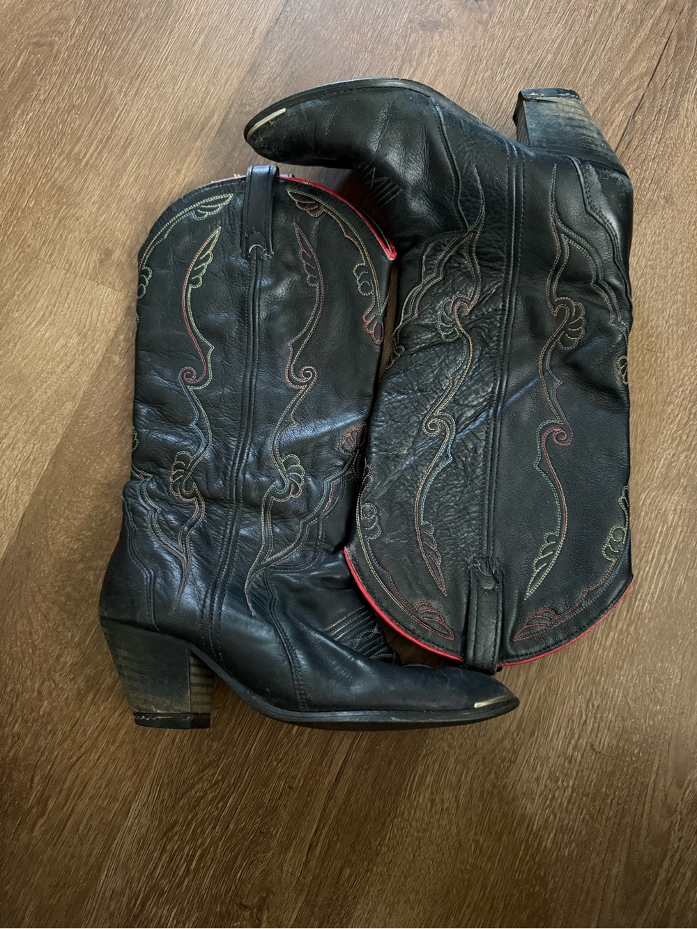 Able Black Leather Western Heeled Cowboy Boots with Red Trim